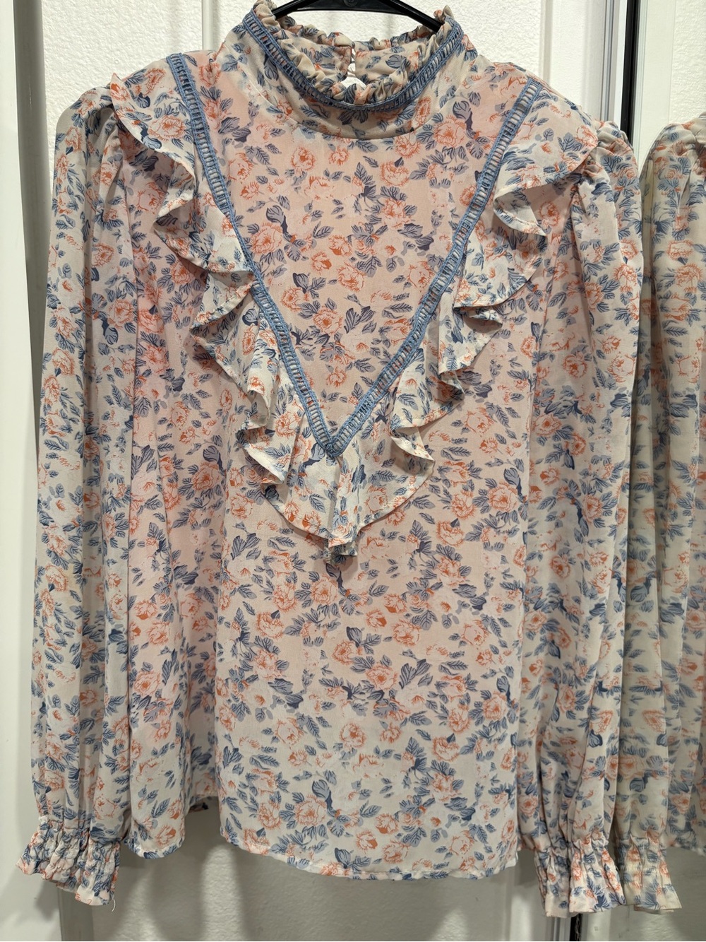 Women's Floral Ruffle High-Neck Blouse in Cream, Blue & Peach